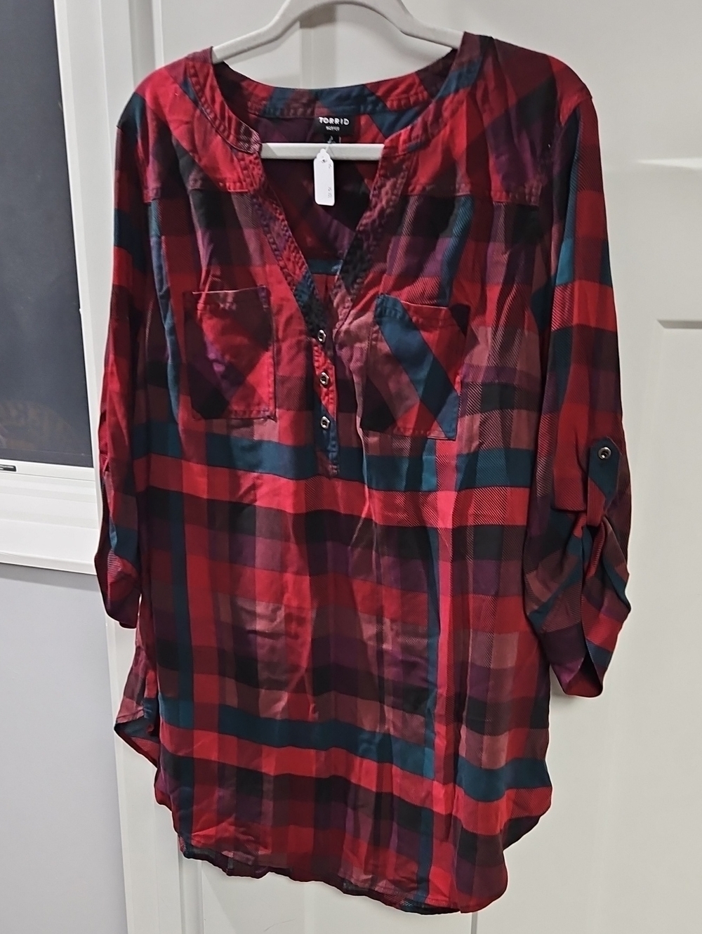 torrid Red and Teal Plaid Roll-Tab Tunic